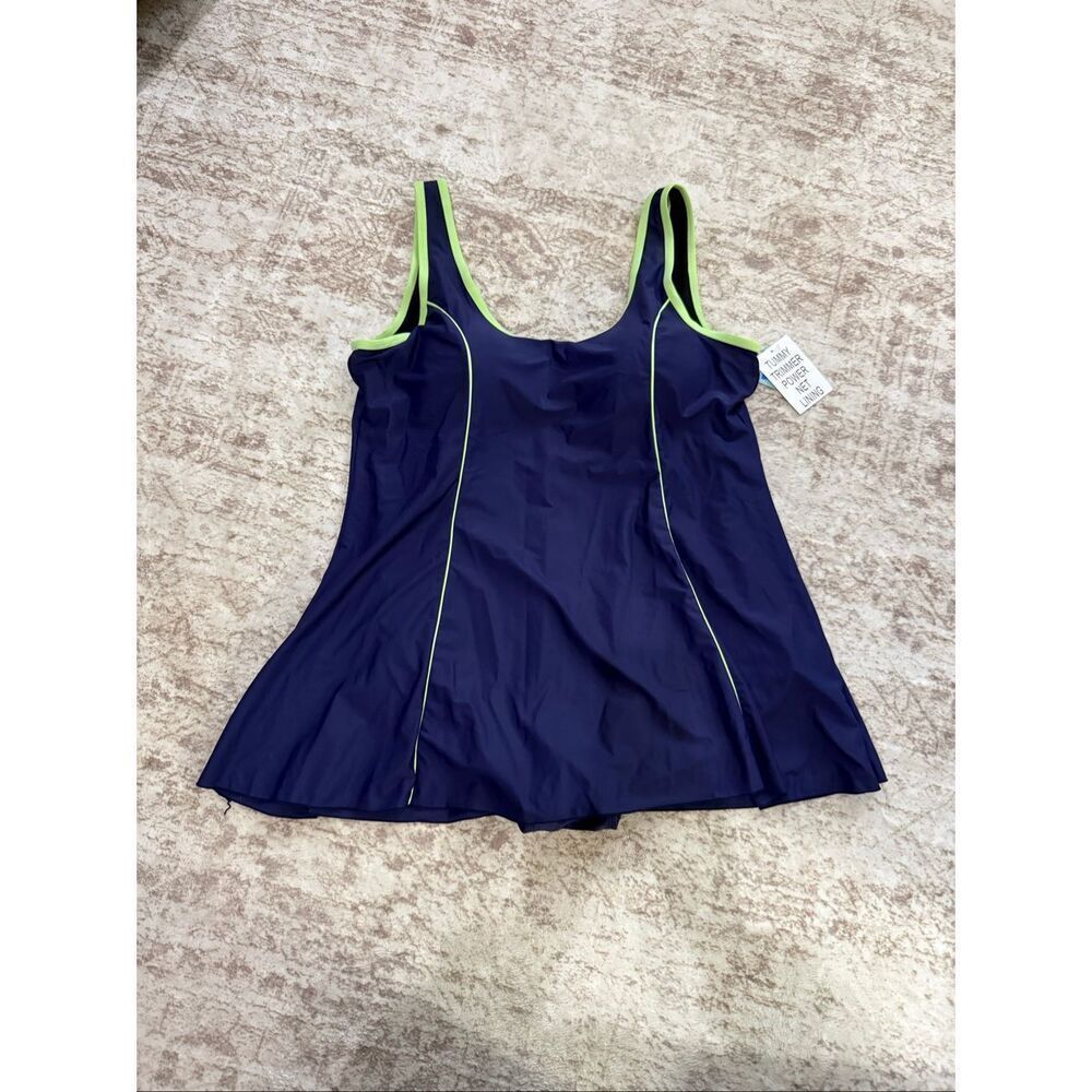 NWT Blair Womens Tummy Trimmer Swim Dress One Piece Navy Blue Lime Green Size 20